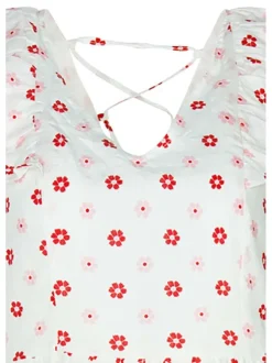 Robe courte blanche à motif floral rétro all-over coupe babydoll col v sans manches