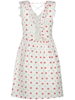 Robe courte blanche à motif floral rétro all-over coupe babydoll col v sans manches