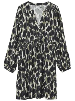 Robe courte blanche, noire et kaki avec une coupe fluide et un col V
