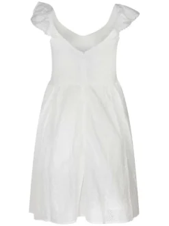 Robe courte blanche unie évasée en coton avec broderie anglaise et volant