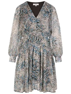 Robe courte bleue animalier avec une coupe cintrée et un col V avec boutons