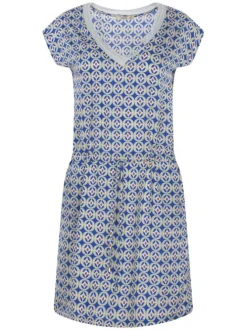 Robe courte bleue avec une coupe fluide et des imprimés géométriques