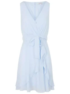 Robe courte bleue claire unie avec une coupe évasée et un décolleté cache-coeur