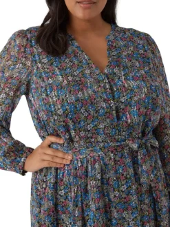Robe courte bleue fleurie avec coupe fluide col rond fendu et manches longues