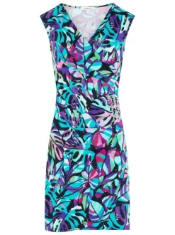 Robe courte bleue fleurie à coupe ajustée avec un col cache-coeur