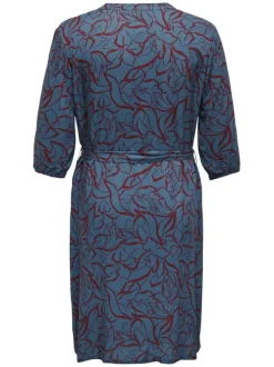 Robe courte bleue fleurie à coupe droite col v et à manche 3/4