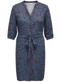 Robe courte bleue fleurie à coupe droite col v et à manche 3/4