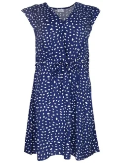Robe courte bleue imprimée avec une coupe droite à col v et des boutons