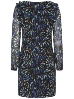Robe courte bleue à imprimé géométrique coupe droite et col rond