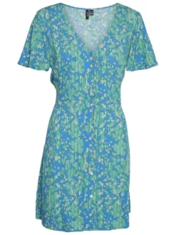 Robe courte bleue mouchetée à coupe ajustée col v et à manches courtes