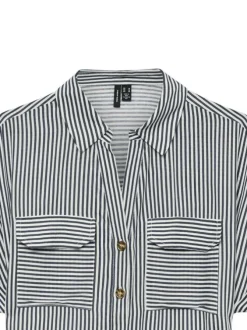 Robe courte bleue rayé à coupe cintrée, col v et à manches courtes à revers