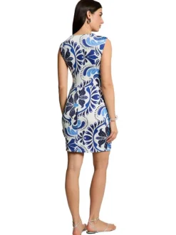 Robe courte bleue sans manche coupe cintrée pourvue d'un col v