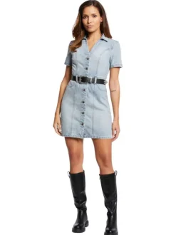 Robe courte bleu jean clair unie cintrée à col français et à manches courtes