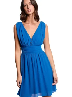 Robe courte bleu électrique unie avec une coupe droite et un col v