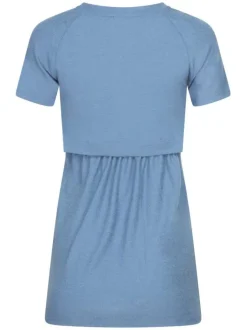 Robe courte bleu moyen coupe droite fluide à col rond et manches courtes