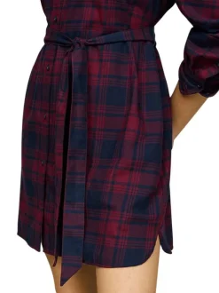 Robe courte bordeaux à carreaux droite à col français et à manches longues