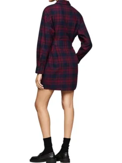 Robe courte bordeaux à carreaux droite à col français et à manches longues