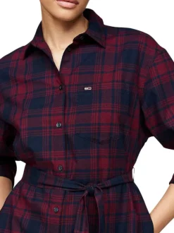 Robe courte bordeaux à carreaux droite à col français et à manches longues
