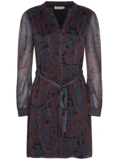 Robe courte bordeaux imprimé cachemire à coupe droite col v et à manches longues