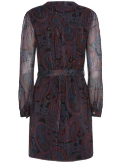 Robe courte bordeaux imprimé cachemire à coupe droite col v et à manches longues
