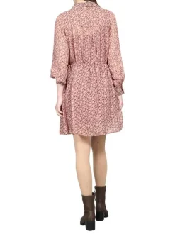 Robe courte bordeaux imprimé liberty à coupe évasée col v et à manches longues