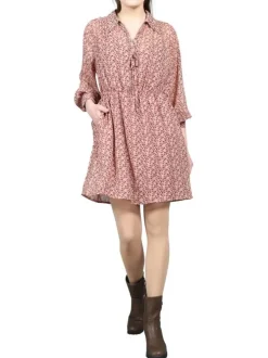 Robe courte bordeaux imprimé liberty à coupe évasée col v et à manches longues