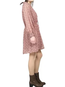 Robe courte bordeaux imprimé liberty à coupe évasée col v et à manches longues