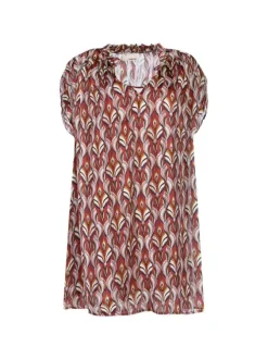 Robe courte brique pour femme avec imprimé plume de paon coupe large