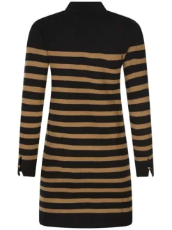 Robe courte camel unie avec des bandes en noir et une coupe droite à col montant