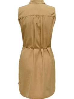 Robe courte camel unie coupe droite col français et sans manches