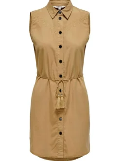 Robe courte camel unie coupe droite col français et sans manches