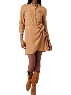 Robe courte camel unie à coupe portefeuille col français et à manches longues