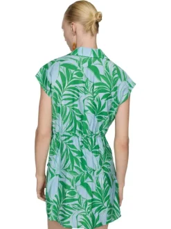 Robe courte ciel imprimé feuilles avec col v à revers et coupe cache-coeur