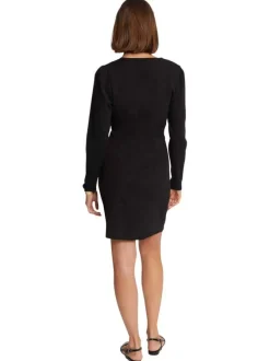 Robe courte croisée noire unie à coupe ajustée avec col v et manches longues