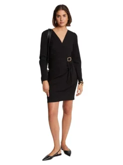 Robe courte croisée noire unie à coupe ajustée avec col v et manches longues