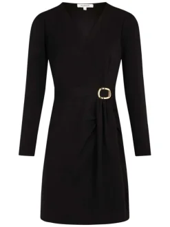 Robe courte croisée noire unie à coupe ajustée avec col v et manches longues