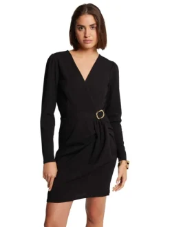 Robe courte croisée noire unie à coupe ajustée avec col v et manches longues