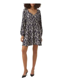 Robe courte écrue mouchetée à coupe ajustée col v et à manches courtes