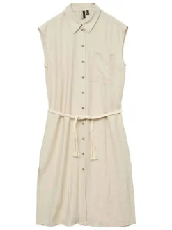 Robe courte écrue unie chemise cintrée avec col à revers et sans manches
