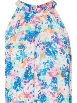 Robe courte à encolure américaine multicolore imprimé abstrait et coupe droite
