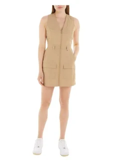 Robe courte en coton biologique beige unie coupe cintrée col v