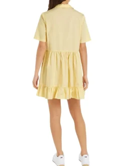 Robe courte en coton biologique jaune unie à coupe babydoll et col italien