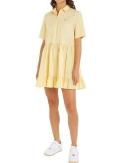 Robe courte en coton biologique jaune unie à coupe babydoll et col italien