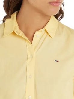 Robe courte en coton biologique jaune unie à coupe babydoll et col italien