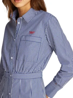 Robe courte en coton biologique marine rayé à coupe cintrée et col français