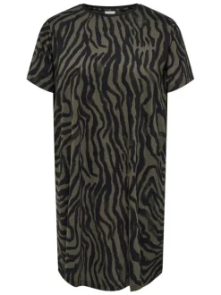 Robe courte en coton biologique noir et kaki zébrée pourvue d'un col rond