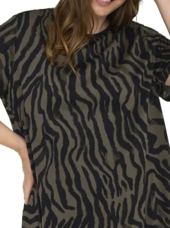 Robe courte en coton biologique noir et kaki zébrée pourvue d'un col rond
