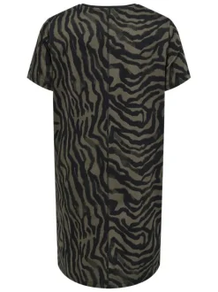 Robe courte en coton biologique noir et kaki zébrée pourvue d'un col rond