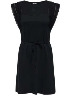Robe courte en coton biologique noir uni avec une coupe droite et un col rond