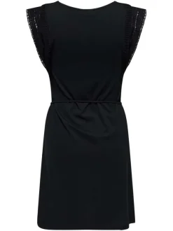 Robe courte en coton biologique noir uni avec une coupe droite et un col rond
